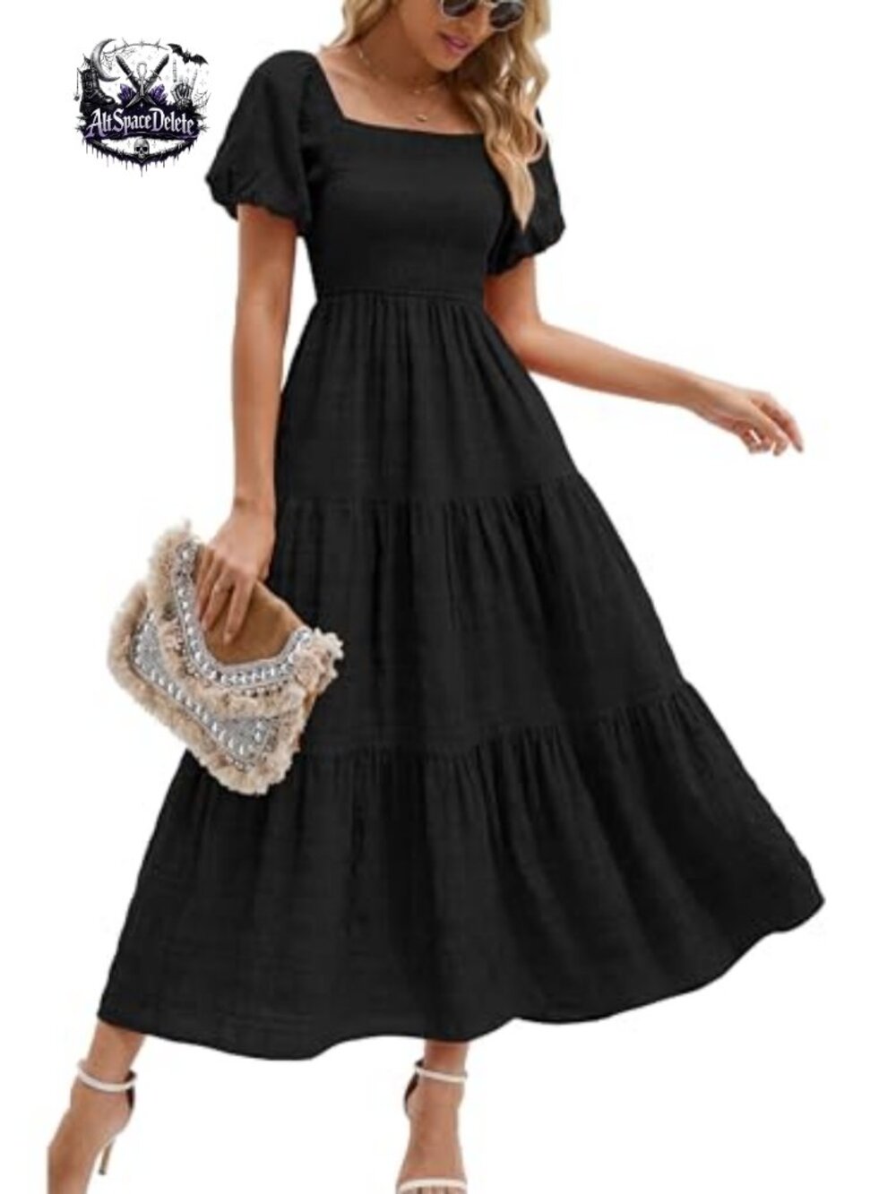 Puff Short Sleeve Maxi Dress Square Neck A-Line Summer Backless